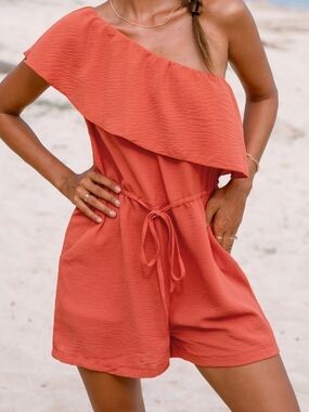 Orange Ruffled One-Shoulder Romper